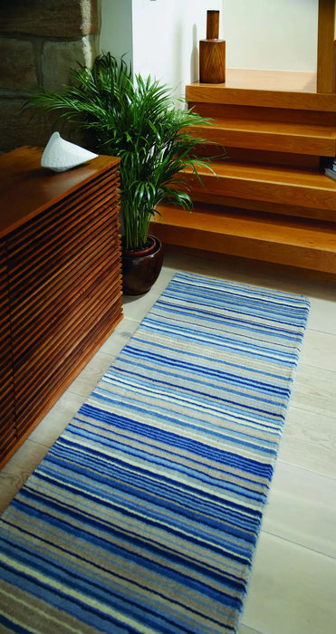 Origins fine stripe blue beige Blue Living Room Wool Rug.