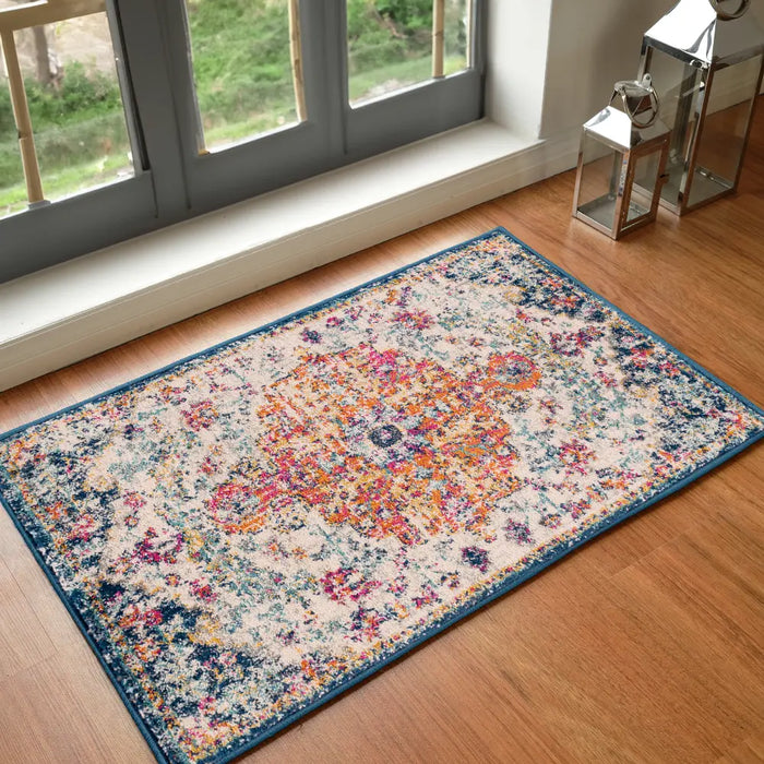 LOU Vintage Traditional Oriental Boho Saffron/Navy Rug