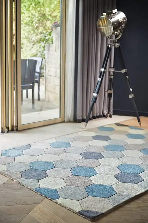 Origins hexagon pastel blues Blue Living Room Wool Rug.