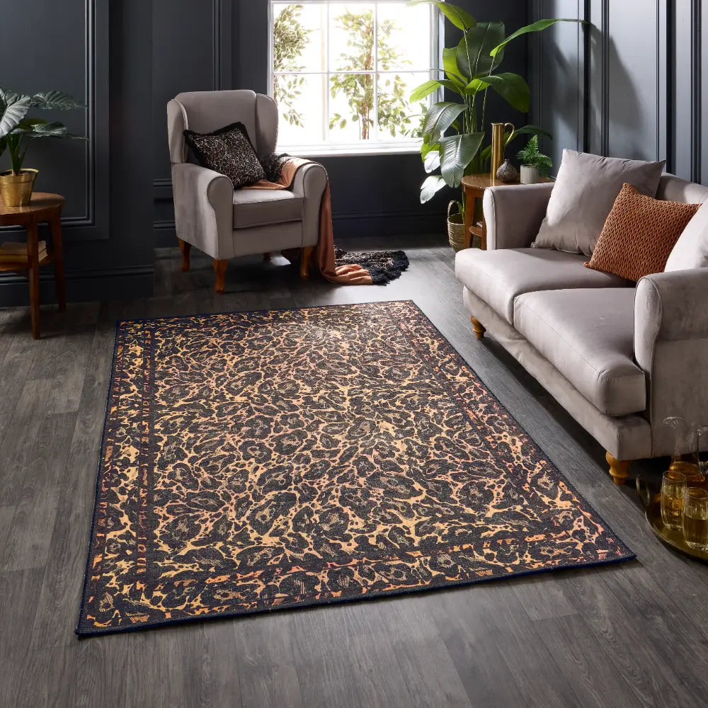 Laurence Llewelyn-Bowen | Leopard Black/Orange Rug | Washable ...