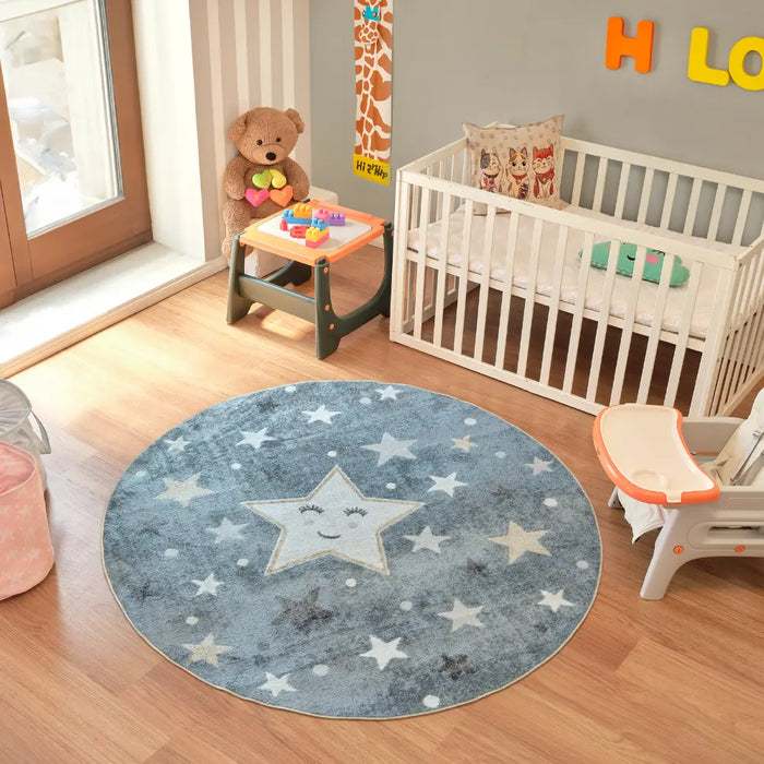SUPERMAMA Kids Machine Washable Blue/Beige Bedroom Rug Multicolour