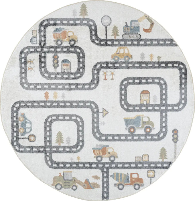 VROOMVILLE Kids Machine Washable Beige/Grey Bedroom Rug Beige