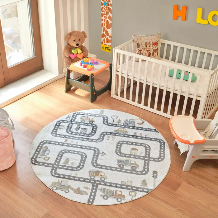 VROOMVILLE Kids Machine Washable Beige/Grey Bedroom Rug Beige