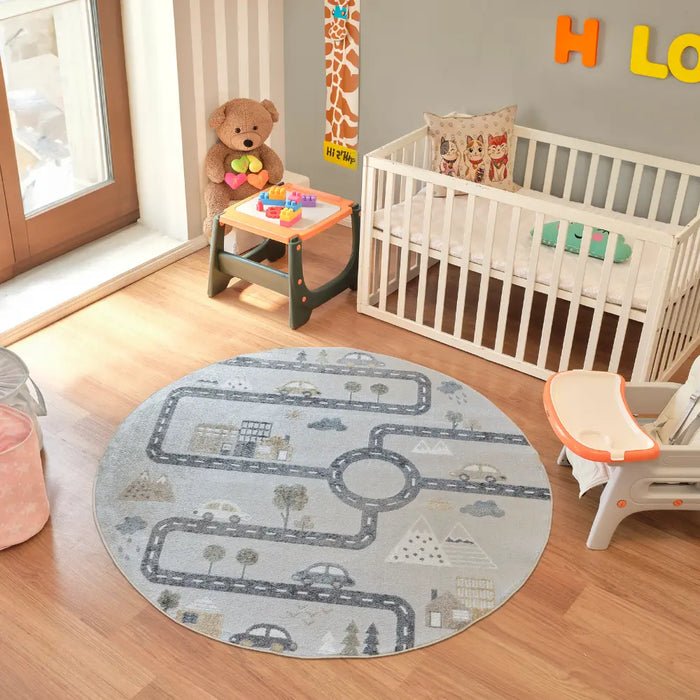 VROOMVILLE Kids Machine Washable Blue/Grey Bedroom Rug Grey