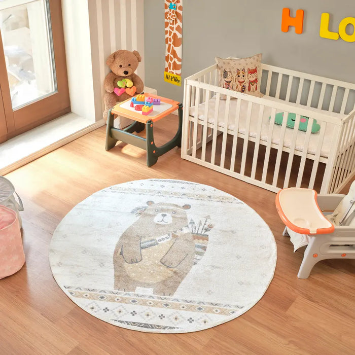 OURSIGENE Kids Machine Washable Beige/Brown Bedroom Rug Beige