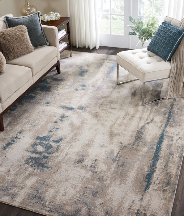 Nourison maxell mae17 ivory teal Blue, Ivory Living Room Floral Rug.