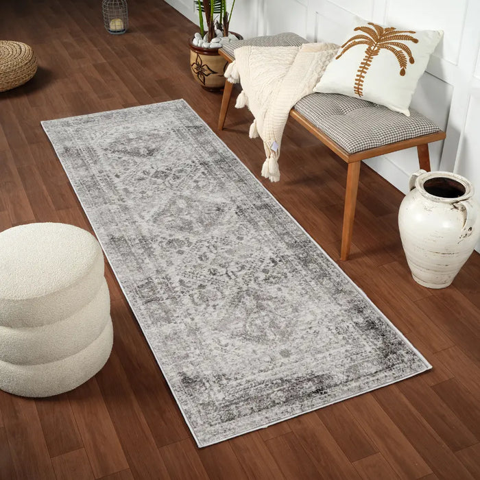 NEELAM Vintage Traditional Oriental Boho Light Gray/White/Charcoal Rug
