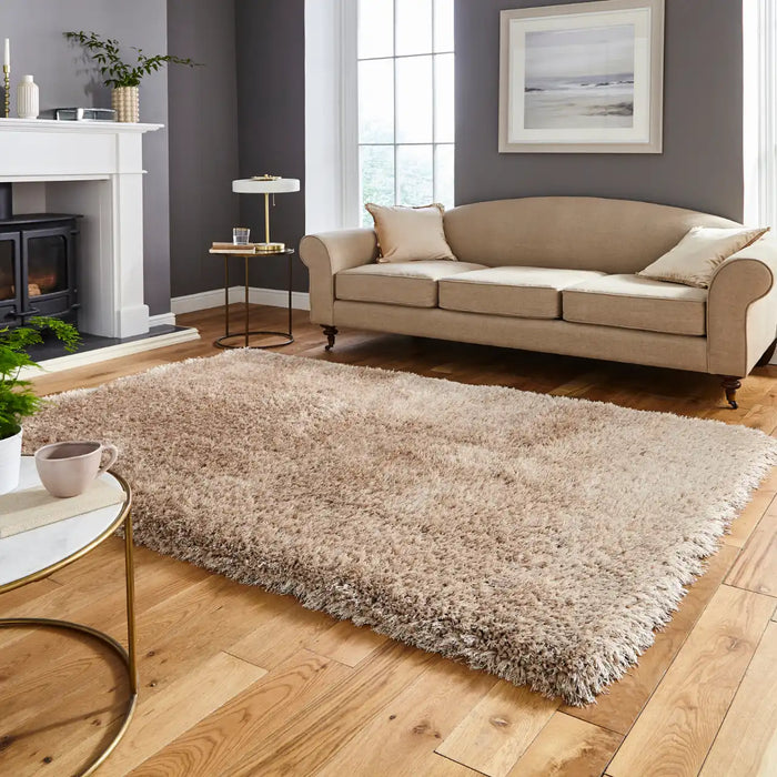 Think Rugs montana beige Beige Living Room Shaggy Rug.