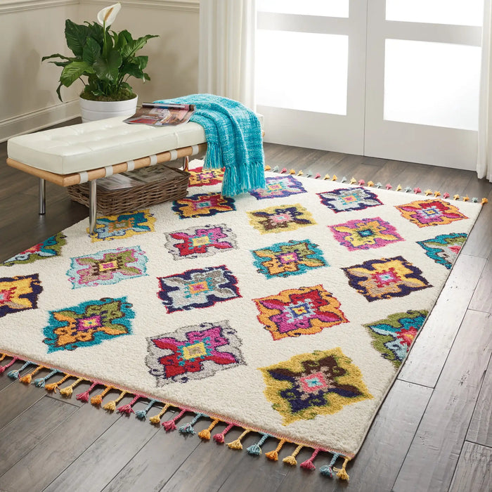 Nourison nomad nourison nmd06 ivory multi Ivory, Multicoloured Living Room Geometric Rug.