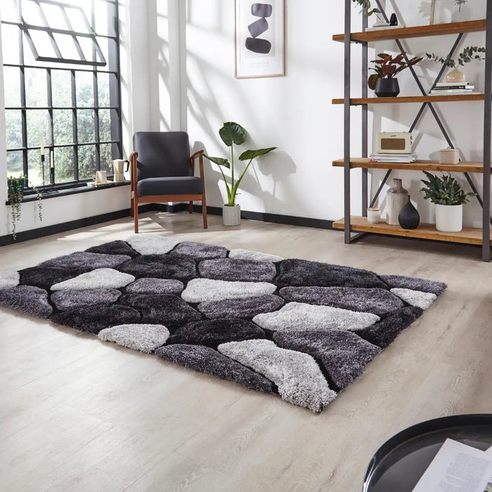 Think Rugs noble house pebbles 5858 black grey Grey, Black Living Room Shaggy Rug.