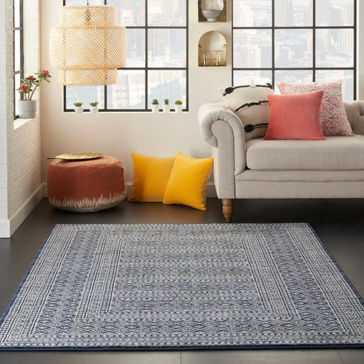 Nourison palermo pmr04 navy grey Blue, Navy Living Room Geometric Rug.