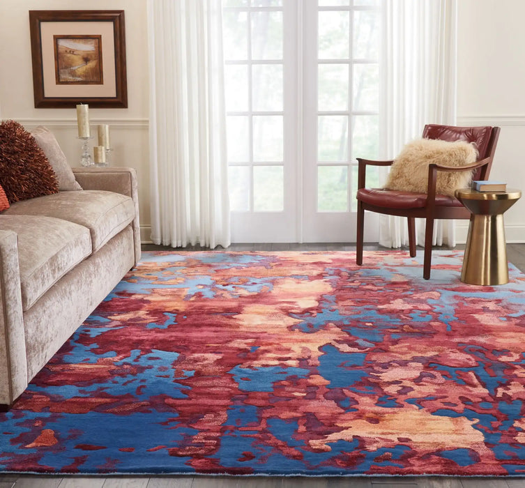 Nourison prismatic prs13 blue flame Blue, Multicoloured, Red Living Room Wool Rug.