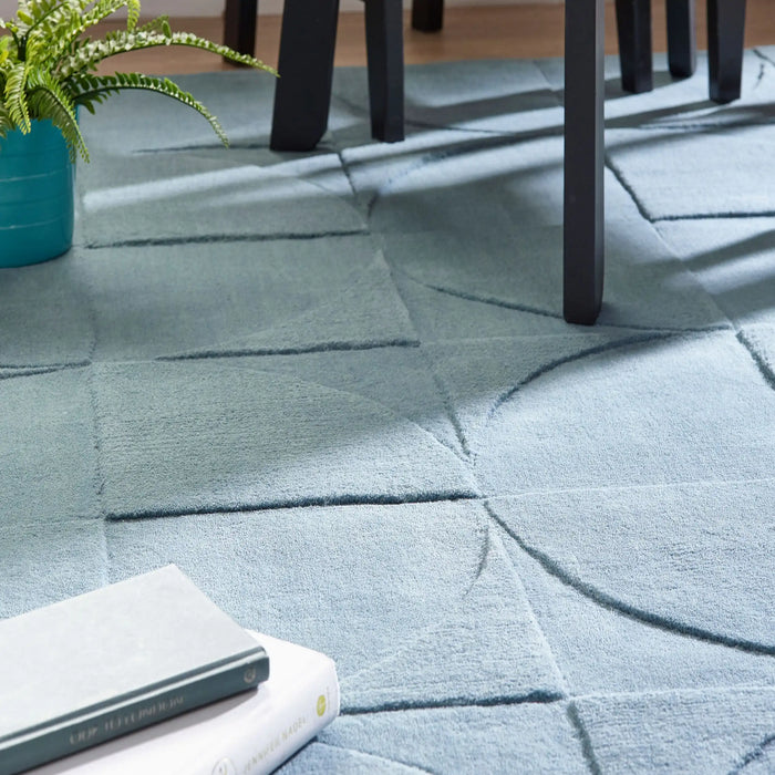 Origins penny steel blue Blue Living Room Wool Rug.