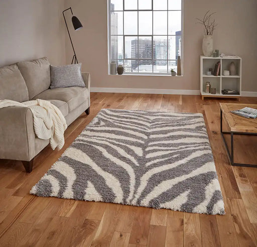 Think Rugs portofino m289 ivory grey Grey, Ivory Living Room Shaggy Rug.