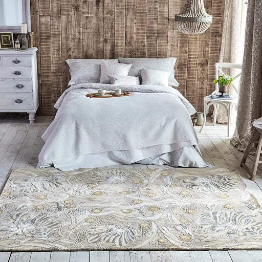 Morris & Co pimpernel pure linen 028701 Ivory, Multicoloured Living Room Wool Rug.