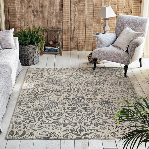 Morris & Co strawberry thief pure ink 028105 Ivory, Multicoloured Living Room Floral Rug.