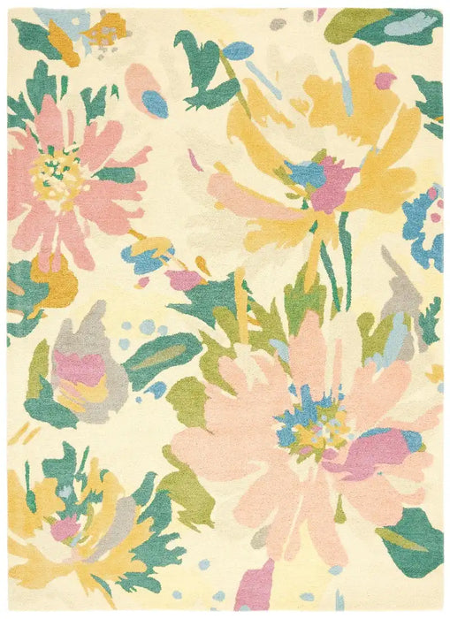 Asiatic reef rf10 floral pink multi Multicoloured, Pink Living Room Wool Rug.
