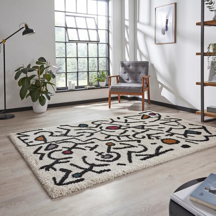 Think Rugs royal nomadic a637 cream black multi Black, Multicoloured, Cream Living Room Shaggy Rug.