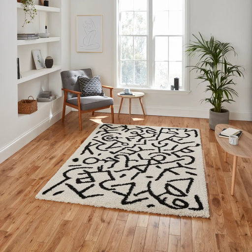 Think Rugs royal nomadic a637 white black Black, Ivory Living Room Shaggy Rug.