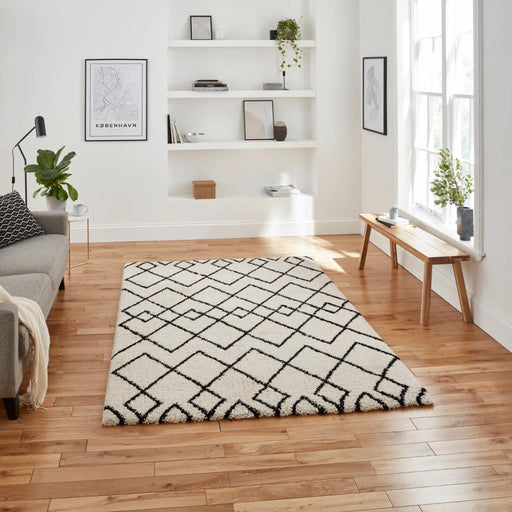 Think Rugs royal nomadic a638 white black Black, Ivory Living Room Shaggy Rug.