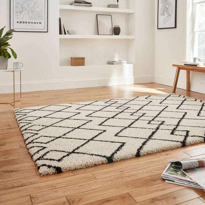 Think Rugs royal nomadic a638 white black Black, Ivory Living Room Shaggy Rug.