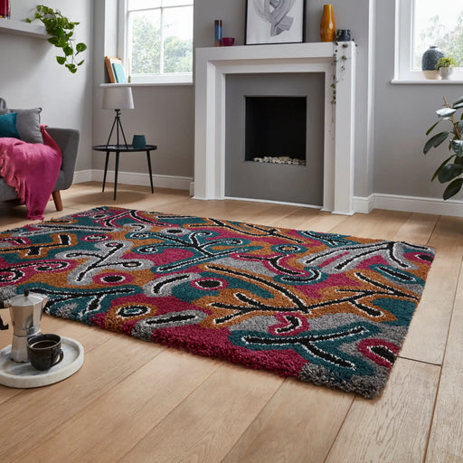 Think Rugs royal nomadic a641 dark multi Grey, Multicoloured Living Room Shaggy Rug.
