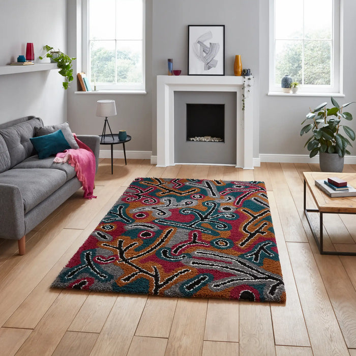 Think Rugs royal nomadic a641 dark multi Grey, Multicoloured Living Room Shaggy Rug.