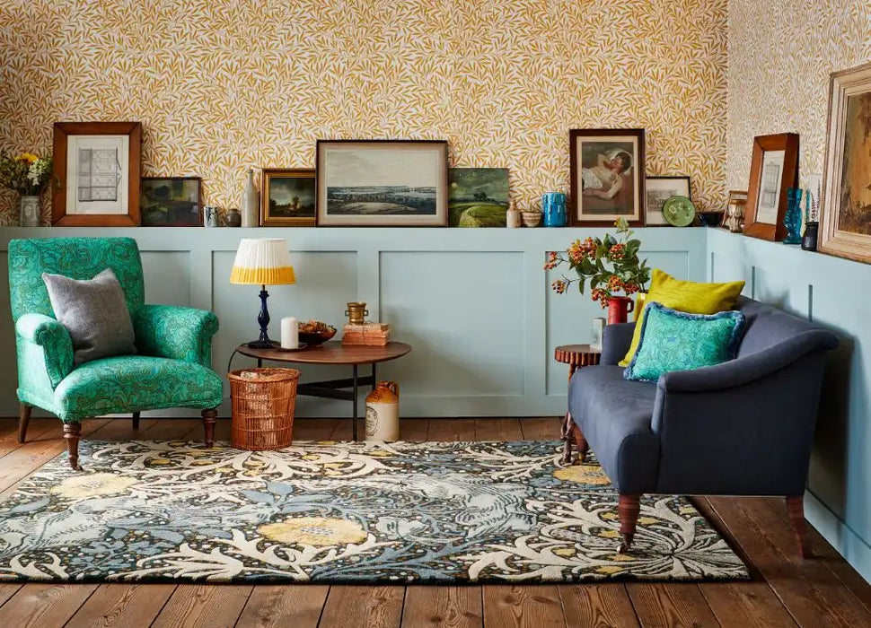 Morris & Co seaweed seaweed teal 127008 Blue, Green, Multicoloured Living Room Wool Rug.