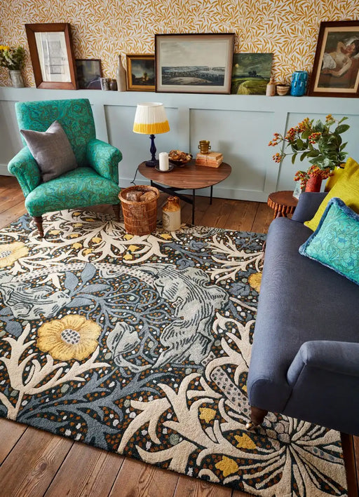 Morris & Co seaweed seaweed teal 127008 Blue, Green, Multicoloured Living Room Wool Rug.