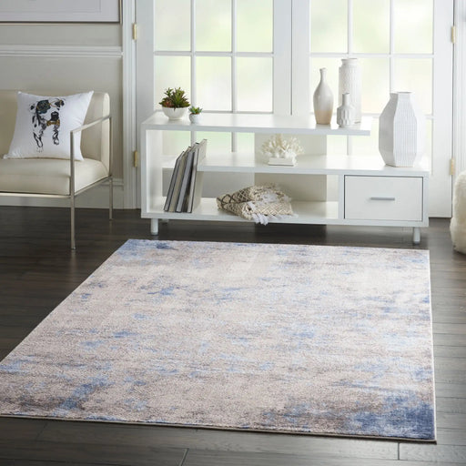 Nourison silky textures sly04 blue ivory grey Blue, Grey, Ivory Living Room Geometric Rug.