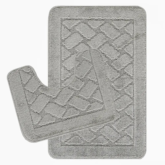 NILAH Piece Machine Washable Non-Slip Light Grey Bathroom Rug Set Grey