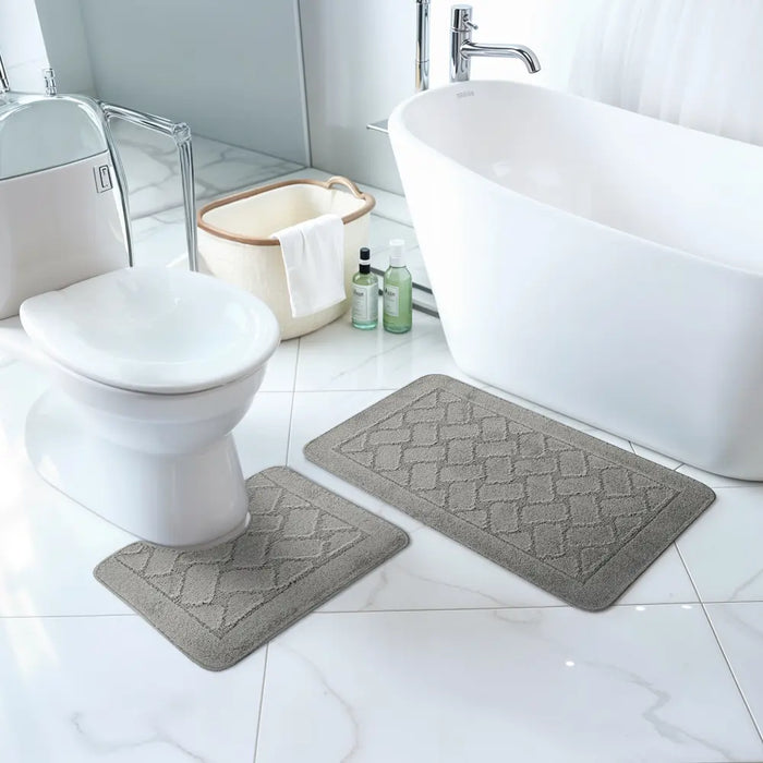 NILAH Piece Machine Washable Non-Slip Light Grey Bathroom Rug Set Grey