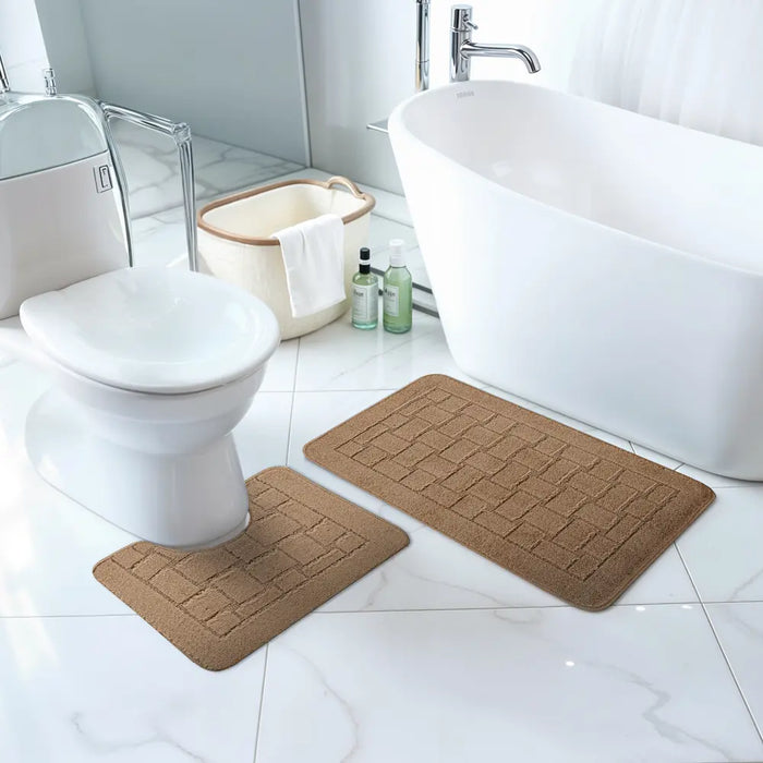 TEGAN Piece Machine Washable Non-Slip Brown Bathroom Rug Set Brown