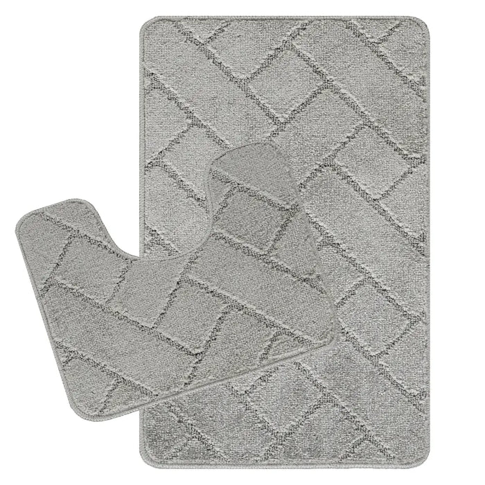 JUNIPER Piece Machine Washable Non-Slip Light Grey Bathroom Rug Set Grey