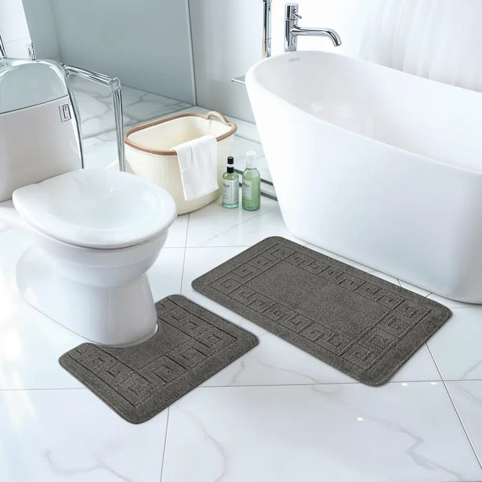 POPPY Piece Machine Washable Non-Slip Dark Grey Bathroom Rug Set Grey