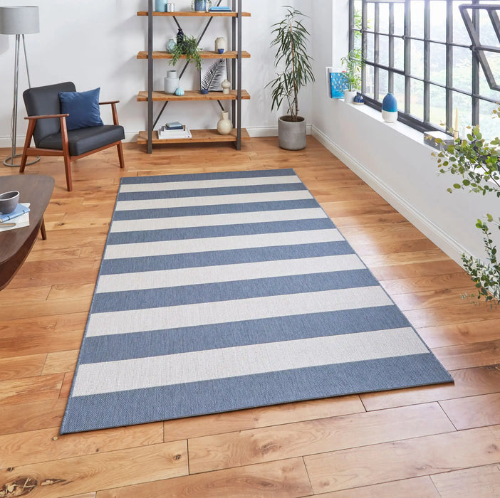 Think Rugs santa monica 48644 blue light beige Blue, Beige Living Room Flat Weave Rug.