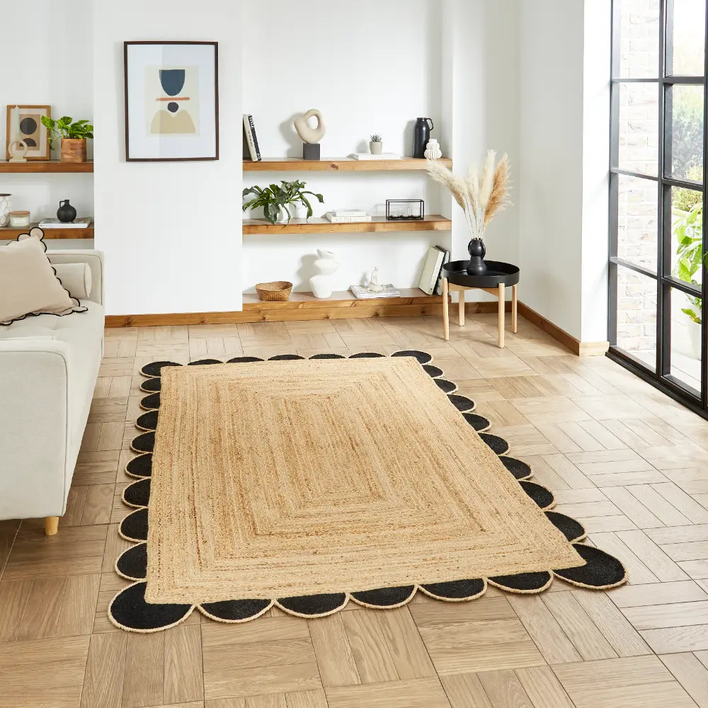 Savannah Jute Scallop Black Natural Rug Black Rug — RugsDirect Online