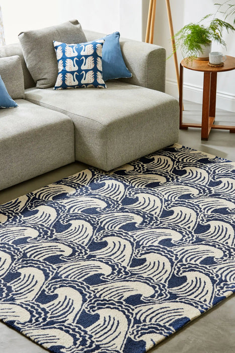 Scion scion screen printed ride the wave denim 125608 Blue Living Room Geometric Rug.