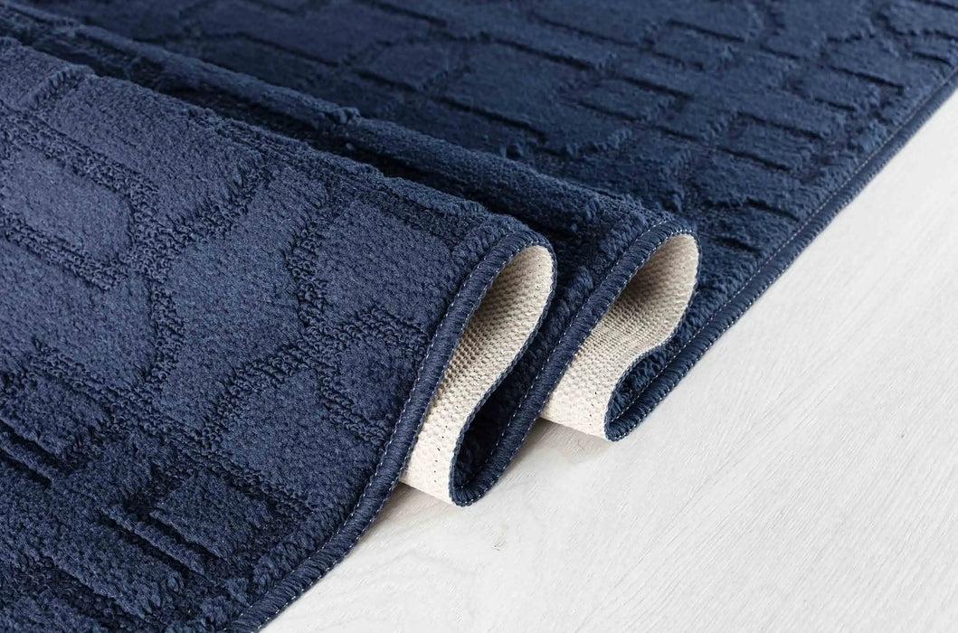 Serdim Rugs washable 9mm gel back siam navy Navy Living Room Geometric Rug.