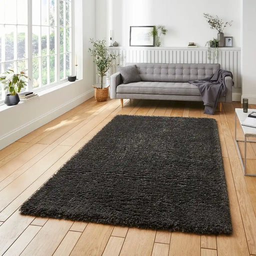 Think Rugs solace think 0961 charcoal Grey, Black Living Room Shaggy Rug.