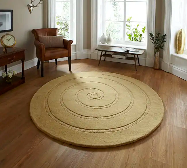 Think Rugs spiral gold Yellow, Beige  Wool Rug.