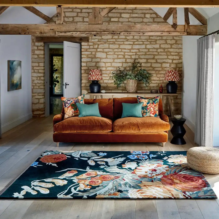 Sanderson sanderson stapleton park navy burnt orange 45318 Multicoloured, Orange, Navy Living Room Wool Rug.