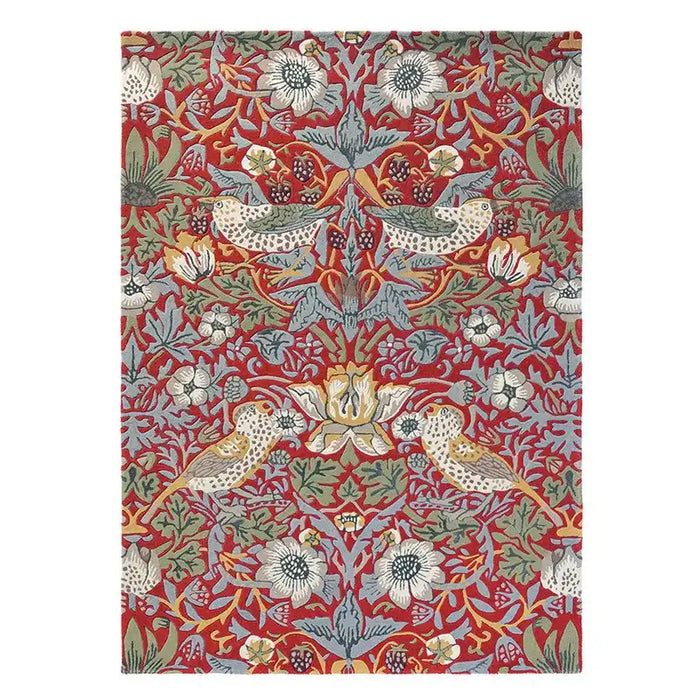 Morris & Co strawberry thief crimson 027700 Multicoloured, Red Living Room Floral Rug.