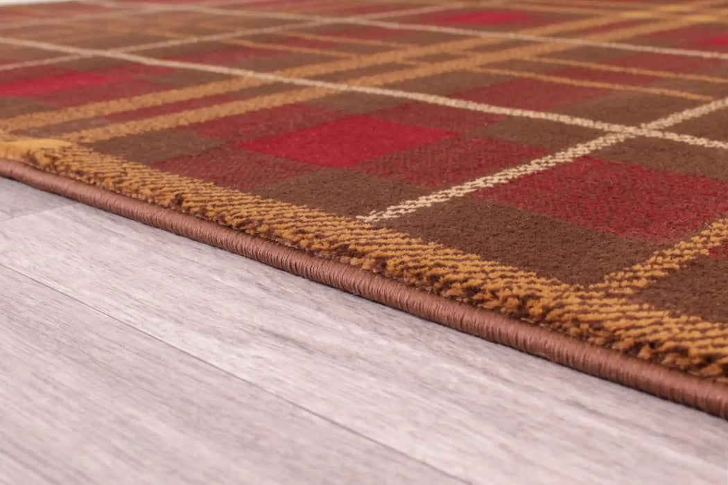 URCO tartan brown Brown, Red Living Room Geometric Rug.