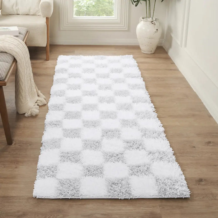 Willa Shaggy Modern Plush Pile Light Grey Checkered Rug