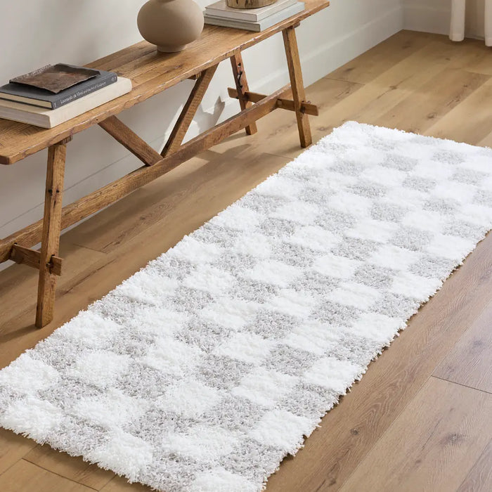 Willa Shaggy Modern Plush Pile Light Grey Checkered Rug