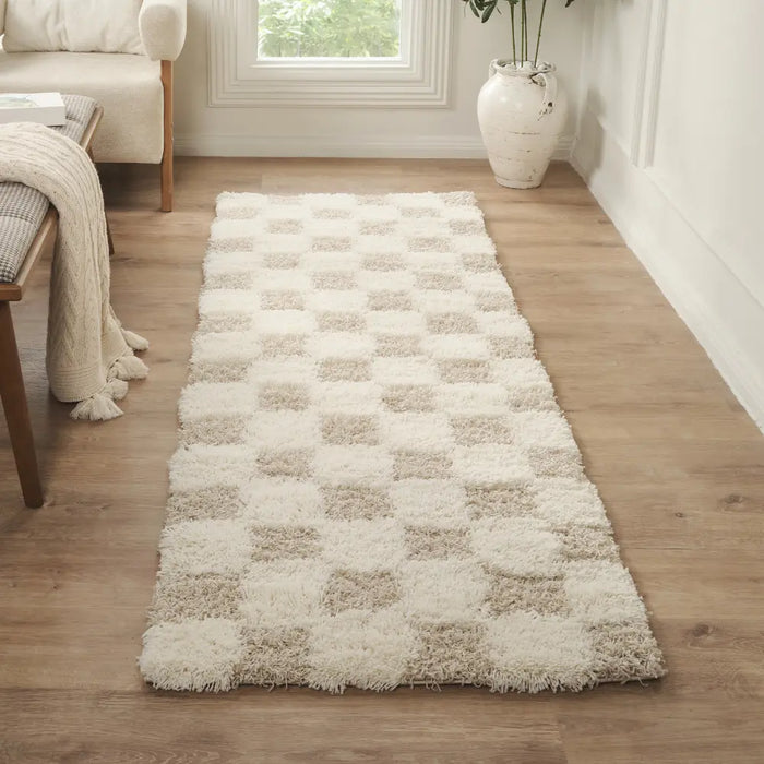 Willa Shaggy Modern Plush Pile Light Beige Checkered Rug
