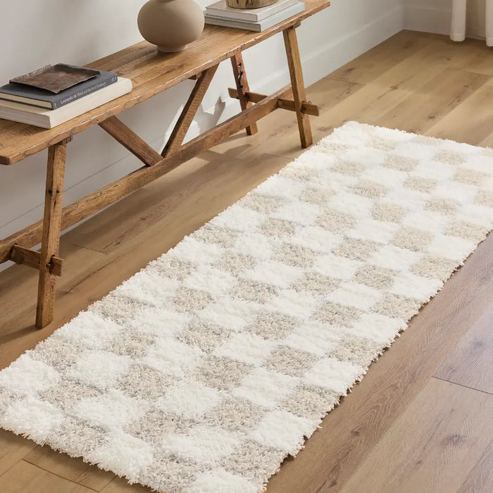 Willa Shaggy Modern Plush Pile Light Beige Checkered Rug