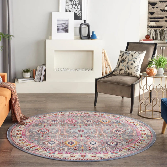 Nourison vintage kashan vka05 grey multi Grey, Multicoloured, Pink Living Room Floral Rug.