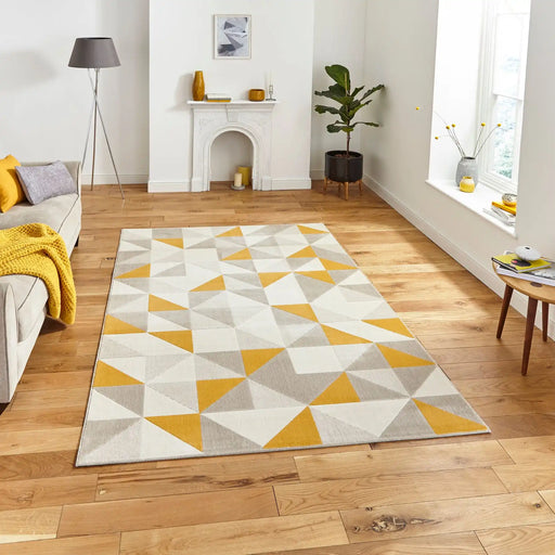 Think Rugs vancouver 18214 beige yellow Yellow, Beige Living Room Geometric Rug.